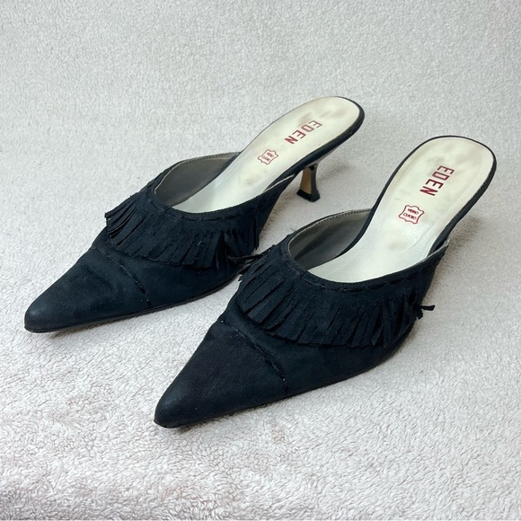 Vintage Eden Suede Fringe Pointed Toe Kitten Heels Mules-Black-Women’s 8-Classic - Picture 1 of 12